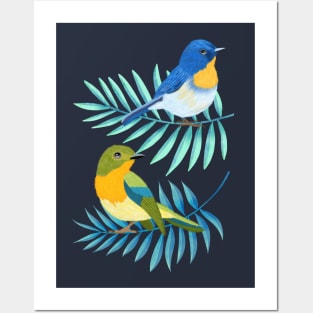 Tropical birds and palm leaves Posters and Art